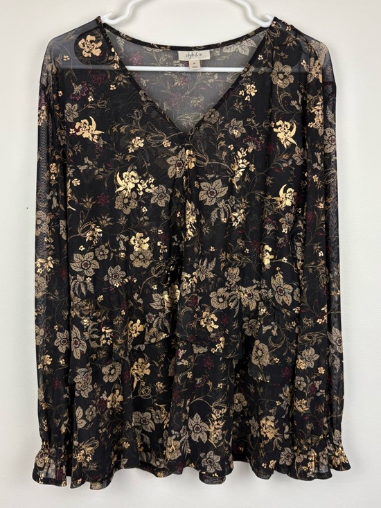 Style & Co. Tops - Style & Co. Fairycore Black Floral Blouse Gold Accents XL 90s Whimsy